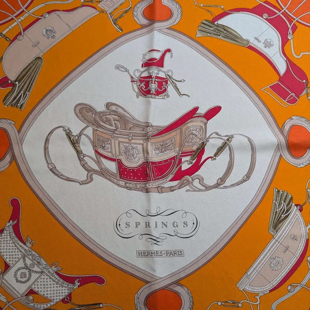 HERMES Springs Ledoux Orange White Red 90 cm Silk Square Scarf Rare Very Good - Picture 4 of 16